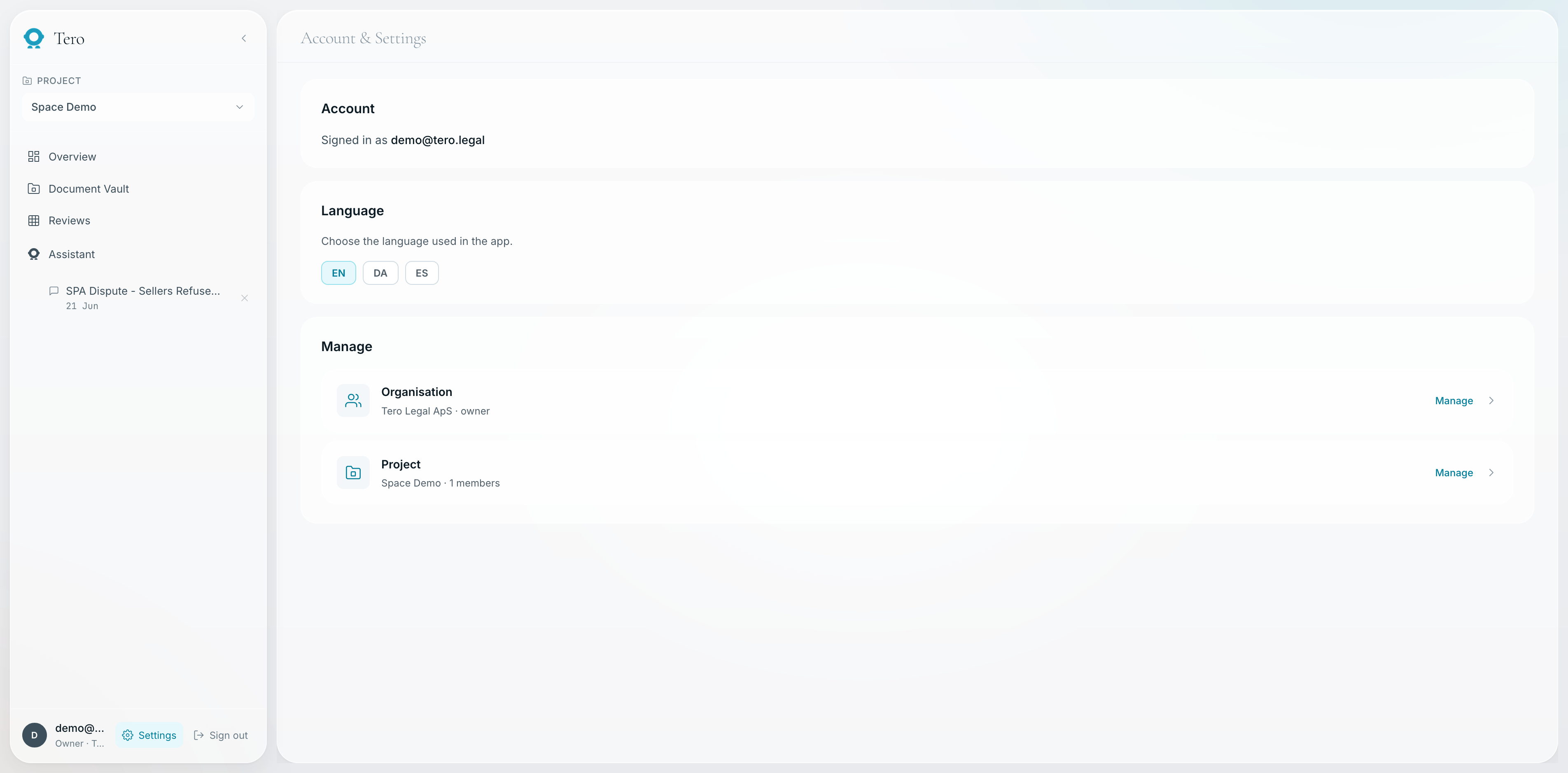Tero Settings — workspace and security controls